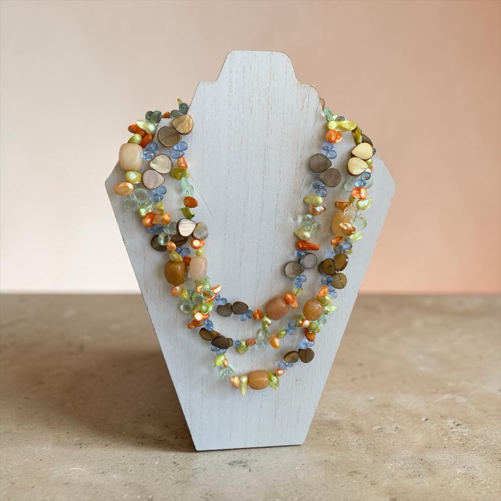 Multi-Strand Natural Stone & Pearl Beaded Necklace